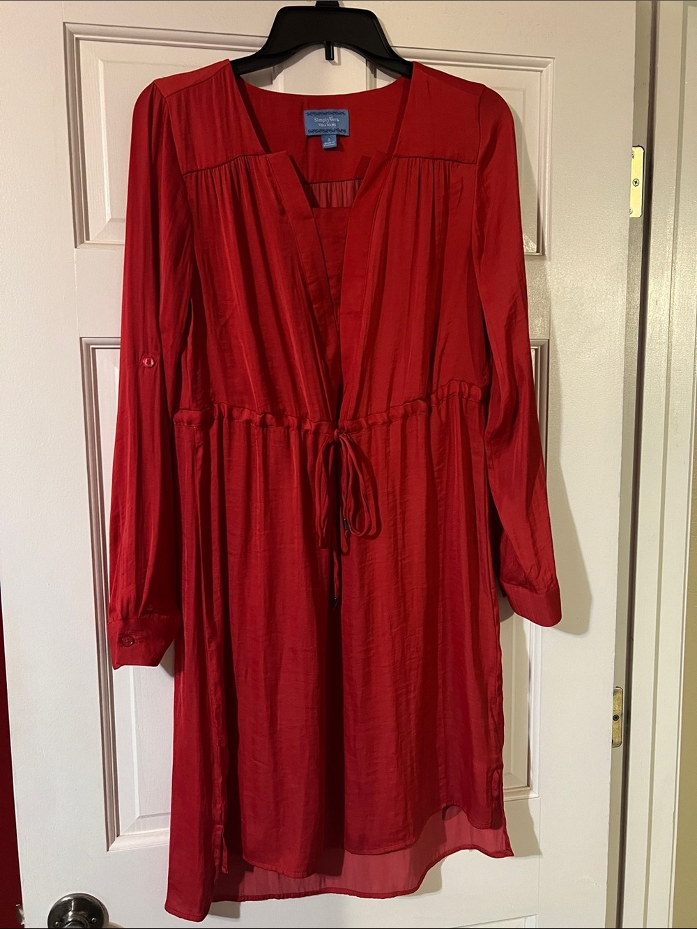 Simply Vera Wang Red Long-Sleeve V-Neck Drawstring Waist Dress